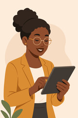 Professional African American businesswoman using digital tablet, modern flat vector illustration, technology in workplace, female entrepreneur, office attire, productivity, digital communication
