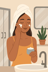 Morning skincare routine woman applying moisturizer cream in bathroom. Self care, healthy skin, beauty treatment, towel on head, modern flat vector illustration, daily facial care concept
