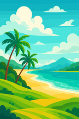 Tropical paradise beach landscape with palm trees, lush green meadows, rolling hills, turquoise sea, golden sand, blue sky, fluffy clouds, Southeast Asia, summer vacation, vector cartoon illustration