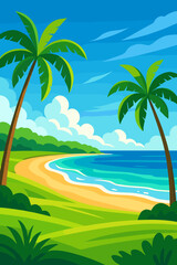 Tropical paradise beach landscape with palm trees, golden sand, turquoise ocean, lush green meadows, blue sky, clouds. Southeast Asia summer vacation. Modern flat vector cartoon illustration