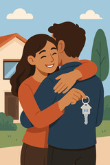 Happy couple embracing in front of new house, woman holding keys, homeownership, real estate purchase, first home buyers, moving in, residential property, modern flat cartoon vector illustration