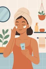 Young woman applying moisturizer cream on face during morning skincare routine in bathroom, self-care beauty treatment, flat vector cartoon illustration