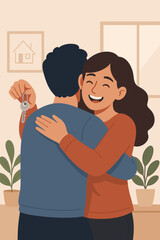 Happy couple embracing with house keys, celebrating new home ownership, modern flat vector cartoon illustration, real estate success, home buying joy concept