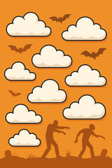 Halloween cartoon clouds vector set, orange background with bats flying, zombie silhouettes, spooky graveyard scene, flat modern illustration, festive autumn holiday design elements
