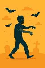 Halloween zombie silhouette walking in graveyard with flying bats, spooky cemetery scene, orange background, scary undead character, horror night, cartoon vector illustration for party design