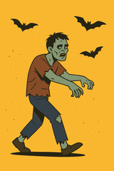 Halloween zombie cartoon on yellow background, walking undead character in tattered clothes, flying bats, spooky horror night, modern flat vector illustration for party, poster, invitation design