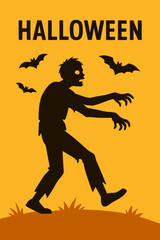 Halloween Zombie Silhouette Walking with Bats on Yellow Background, Spooky Night Scene, Horror Undead Character, Scary October Party Poster, Modern Flat Vector Illustration