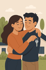 Happy couple embracing outside new home, woman holding house keys, real estate purchase, first-time homeowners, moving in together, family property ownership, modern flat cartoon vector