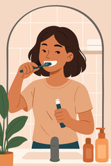 Morning hygiene routine woman brushing teeth with toothbrush in bathroom. Daily dental care, healthy lifestyle, personal cleanliness. Modern flat vector cartoon, home interior, sink, mirror, plants