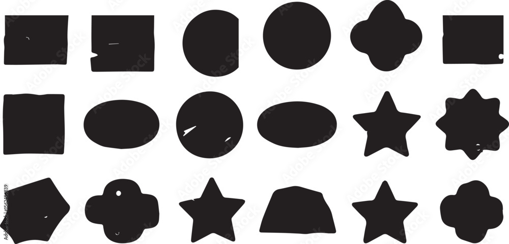 Poster A collection of black abstract shapes including squares circles ovals stars and irregular blobs arranged in rows on a white background
