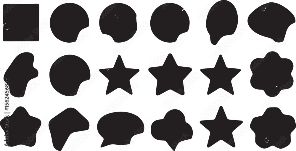 Poster a collection of diverse black abstract shapes and symbols including stars circles speech bubbles and