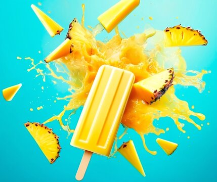 Pineapple ice cream with juice splashes and pineapple slices
 - Powered by Adobe