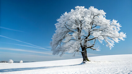 A solitary snow covered tree stands against a bright blue sky in a winter landscape setting outdoors - ai generated