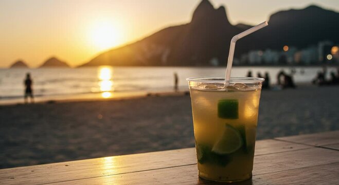 A cocktail with lime and straw on a wooden surface at a beach during sunset with mountains in view