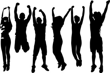 Silhouettes of people jumping with arms raised celebration