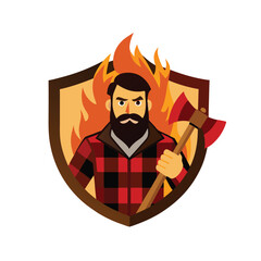 Lumberjack with flaming axe and red plaid in forest rage Vector illustration