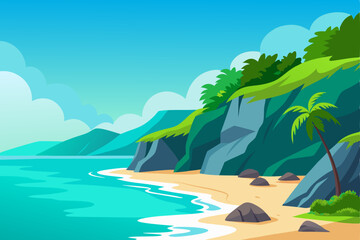 Obraz premium Serene Coastal Cliffs Tropical Beach Paradise Illustration