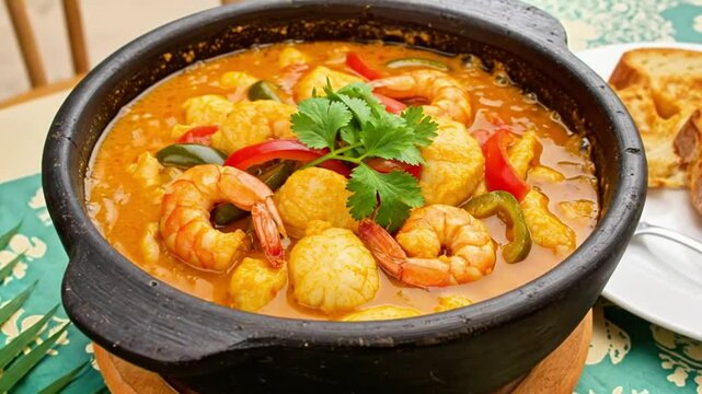 Close up of a black pot filled with moqueca baiana with shrimp and peppers on a colorful table