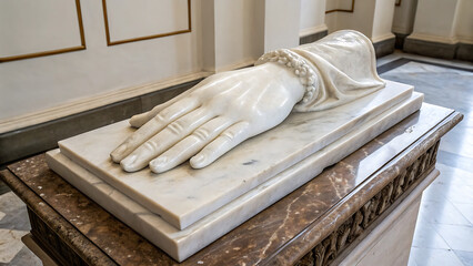 A marble hand sculpture with bracelet displayed in a museum with ornate architectural details around it - ai generated
