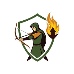 Medieval archer pulling flaming arrow inside forest fight Vector illustration