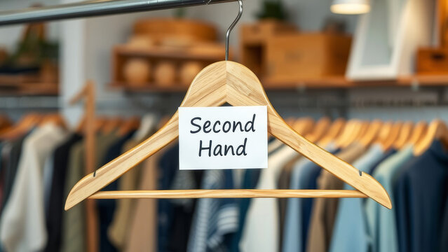 Wooden hanger displaying a Second Hand sign in a clothing store, emphasizing sustainable fashion and eco friendly shopping practices