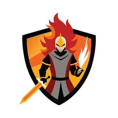 Medieval knight with flaming sword raised for attack Vector illustration