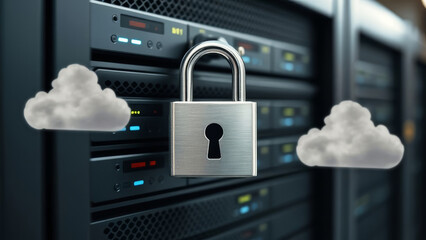 Metal padlock securing cloud computing on server rack, concept of cybersecurity and data protection