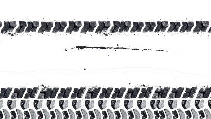 Close up of tire tracks forming two parallel lines on a pristine white surface, separated by a central area with scattered black spots