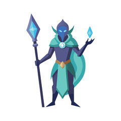 Mystic warrior with glowing staff and crystal aura Vector illustration