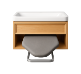 Console under sink with a fold-out ironing board, saving space in a multipurpose bathroom of a small urban dwelling.