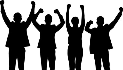 Silhouettes of people celebrating with raised arms