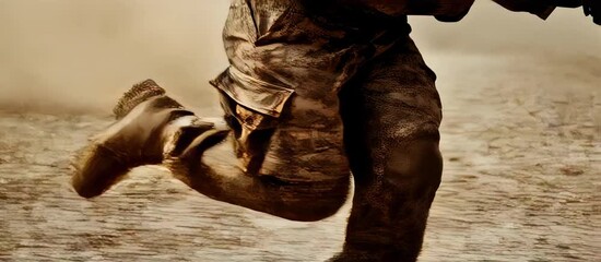Soldier running through dusty terrain with intense focus
