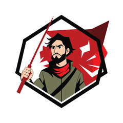 Rebel soldier with torn flag and burning eyes in revolt Vector illustration