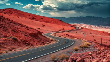 Winding road through red desert landscape under a cloudy sky with distant mountain range view - ai generated