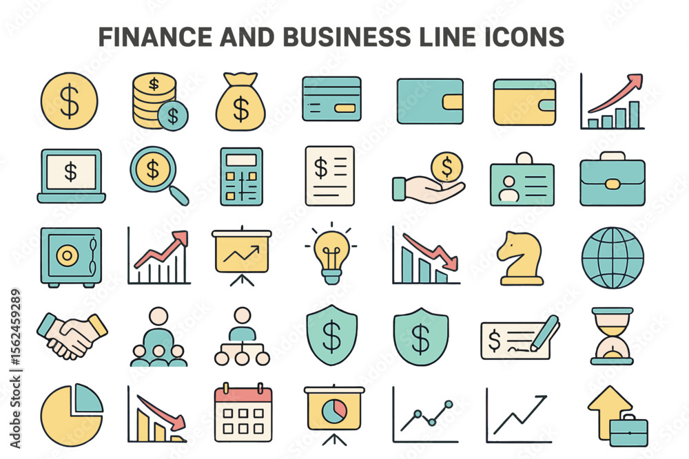 Poster a collection of finance and business line icons is available, featuring a large ui icon set in flat 