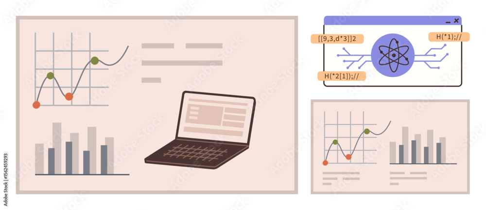 Aufkleber graphs and bar charts with upward trends, linked with a laptop and digital atomic model. ideal for d