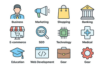 A collection of straightforward vector icons presented in a flat line style, encompassing various themes including Business, Marketing, Shopping, Banking, E-commerce, SEO, Technology, Medical