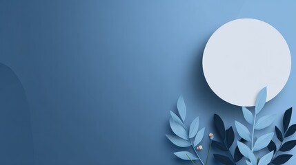 Minimalistic blue background with circular shape and foliage design