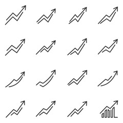 Collection of upward trending arrows and chart icons representing business growth and progress