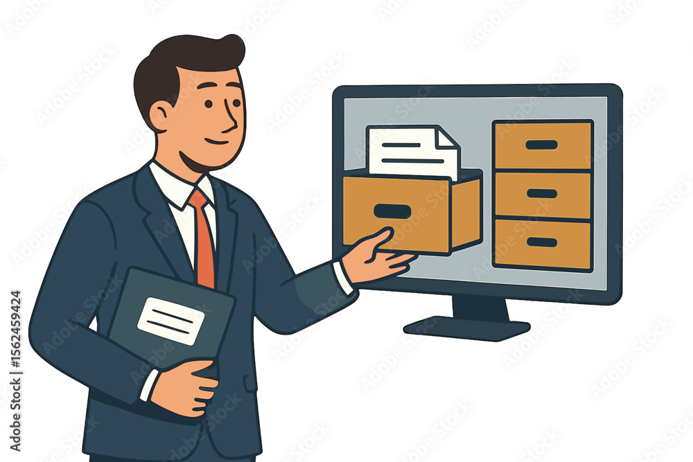 Poster a businessman is depicted holding a folder containing archived documents while overseeing an online 