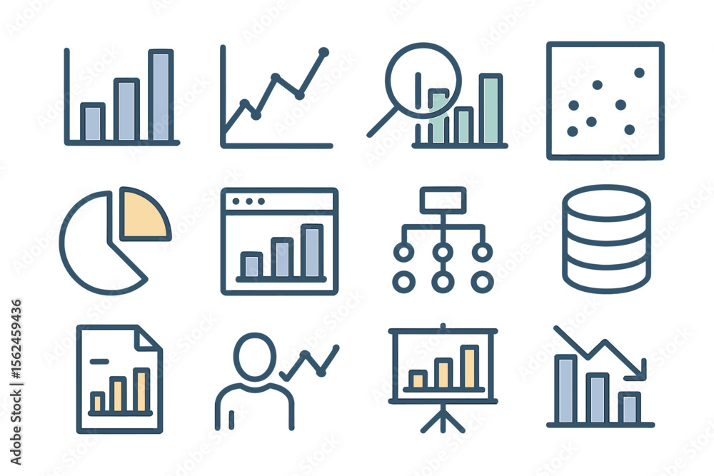 Poster a collection of vector line icons for data analysis is provided, including charts, graphs, traffic a