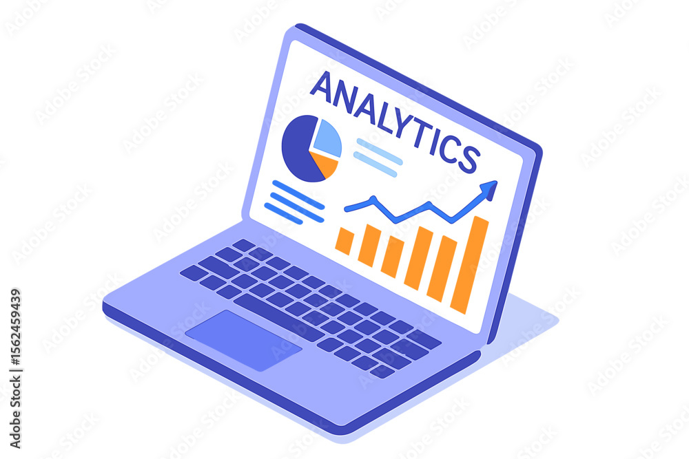 Poster the application of a laptop displaying business graphs and analytics data on an isometric laptop, in