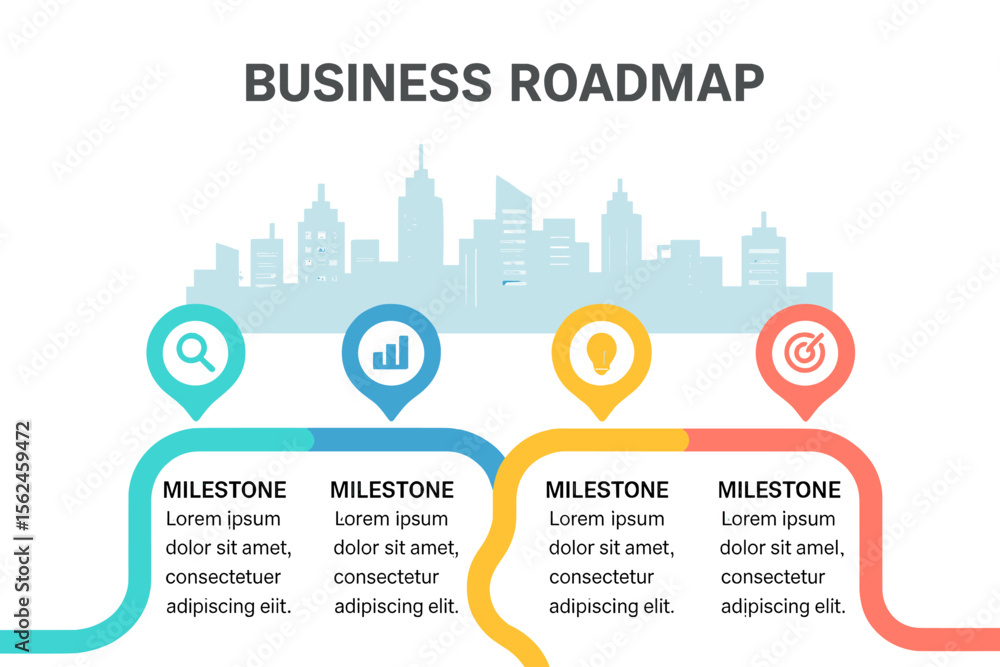 Poster vector illustration of a business road map timeline infographic with a city designed for an abstract
