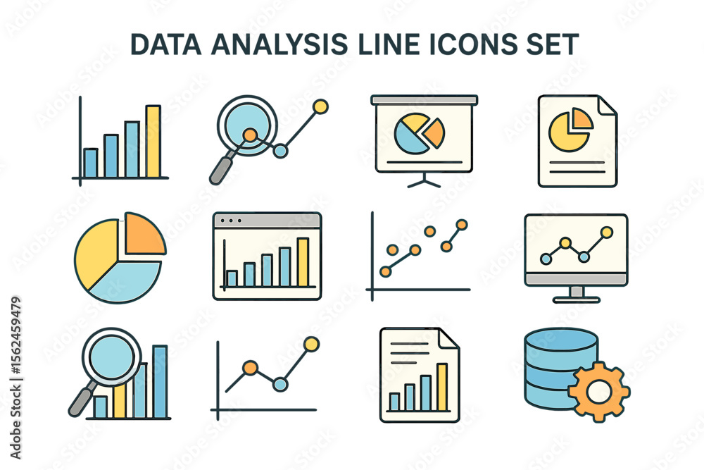 Poster a set of data analysis line icons is available