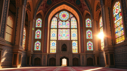 Obraz premium Sunlight streams through vibrant stained glass windows, casting colorful patterns inside a grand mosque with intricate architectural details