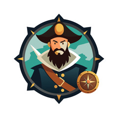 Rogue pirate captain holding sword and golden compass Vector illustration