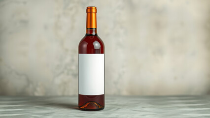 Obraz premium Wine bottle with blank label resting on marbled surface, highlighting clean minimalist aesthetic for elegant product mockup or packaging design