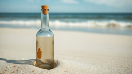 Obraz premium Glass bottle with cork wedged in white sand, revealing handwritten message against turquoise tropical seascape and clear shoreline