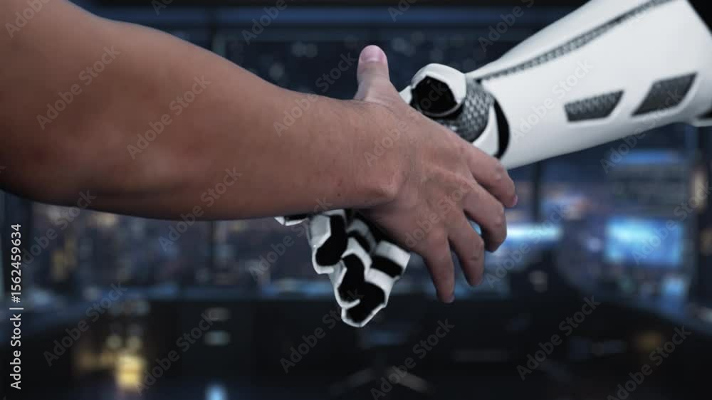 Poster a futuristic scene illustrating the interaction between human input and robotic enhancement, highlig