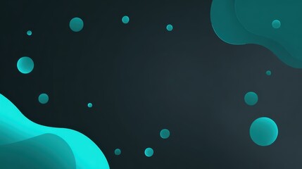 Abstract teal and black fluid shapes with floating spheres design
